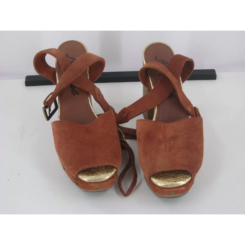 Free People Suede Platform Sandals Rust Brown Gold Metallic Block Heel Size 39